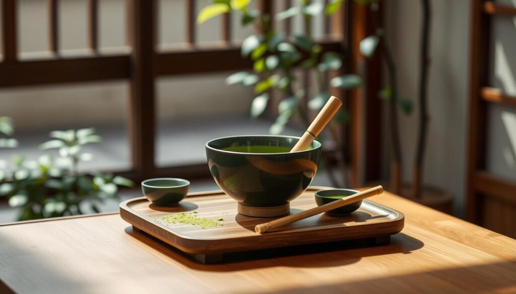 A beautiful and harmonious matcha tea set resting on a minimalist wooden table, surrounded by a serene Japanese garden. The set includes a traditional matcha bowl, bamboo whisk, and scoop, all crafted with the finest materials and attention to detail. Soft, diffused natural lighting from a nearby window enhances the tranquil atmosphere, casting gentle shadows and highlighting the elegant lines and textures of the tea ceremony essentials. The overall composition conveys a sense of balance, simplicity, and the peaceful ritual of preparing and enjoying this revered green tea. A beautiful and harmonious matcha tea set resting on a minimalist wooden table, surrounded by a serene Japanese garden. The set includes a traditional matcha bowl, bamboo whisk, and scoop, all crafted with the finest materials and attention to detail. Soft, diffused natural lighting from a nearby window enhances the tranquil atmosphere, casting gentle shadows and highlighting the elegant lines and textures of the tea ceremony essentials. The overall composition conveys a sense of balance, simplicity, and the peaceful ritual of preparing and enjoying this revered green tea.