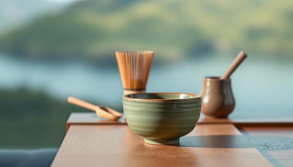 A beautifully crafted ceramic matcha set sits on a minimalist wooden surface, its soft light reflecting off the glazed surface. In the foreground, a delicate tea bowl in a muted green hue takes center stage, its surface textured with gentle brushstrokes. Behind it, a slender, handcrafted bamboo whisk and a matching ceramic scoop rest, ready to be used in the serene matcha preparation ritual. The background features a serene, blurred landscape, hinting at the tranquil setting where this personalized set would be used. Soft, warm lighting imbues the scene with a sense of harmony and thoughtfulness, inviting the viewer to imagine the customized experience of preparing and enjoying the perfect matcha. A beautifully crafted ceramic matcha set sits on a minimalist wooden surface, its soft light reflecting off the glazed surface. In the foreground, a delicate tea bowl in a muted green hue takes center stage, its surface textured with gentle brushstrokes. Behind it, a slender, handcrafted bamboo whisk and a matching ceramic scoop rest, ready to be used in the serene matcha preparation ritual. The background features a serene, blurred landscape, hinting at the tranquil setting where this personalized set would be used. Soft, warm lighting imbues the scene with a sense of harmony and thoughtfulness, inviting the viewer to imagine the customized experience of preparing and enjoying the perfect matcha.