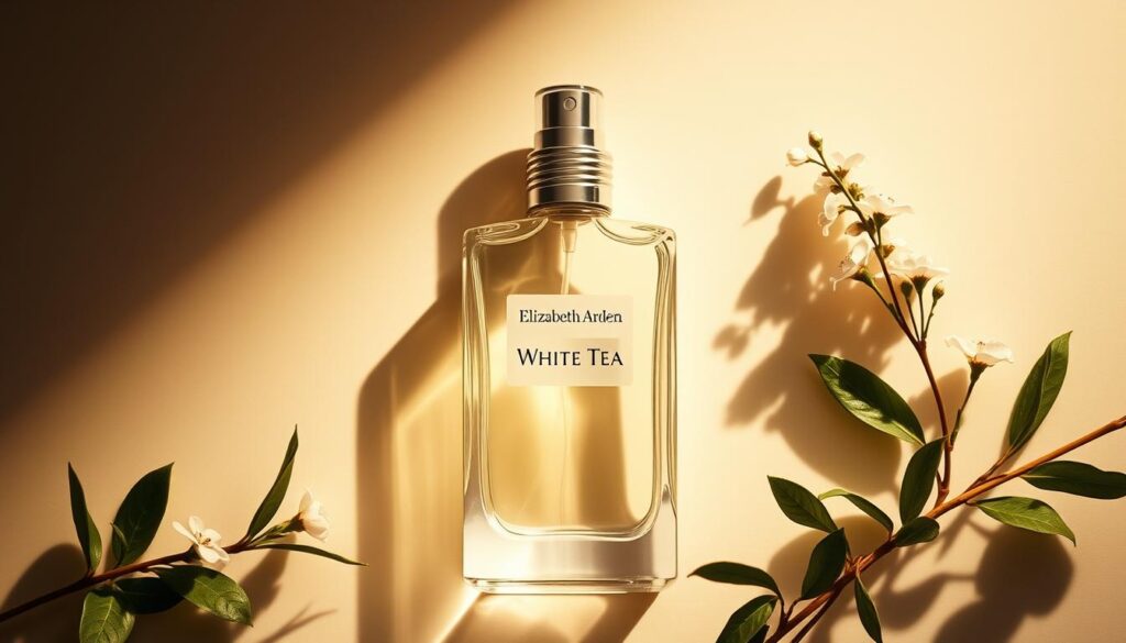 A beautifully designed glass bottle containing Elizabeth Arden's White Tea perfume, gently illuminated from above. The bottle's sleek, minimalist shape reflects the soft, natural essence of the signature scent within. Delicate tea leaves and a sprig of white tea blossoms frame the bottle, capturing the refined, serene atmosphere of the fragrance. Warm, soft lighting casts gentle shadows, emphasizing the bottle's elegant form and the purity of the scent. The overall composition exudes a sense of timeless sophistication and understated luxury, perfectly suited to illustrate the discovery of this captivating signature scent.