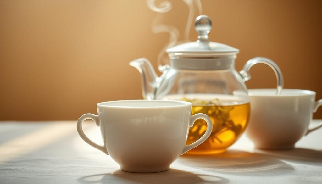 A beautifully lit close-up of a white porcelain teapot and matching cups filled with steaming white peony tea, set against a soft, out-of-focus background. The teapot has an elegant, minimalist design, and the tea leaves are visible through the clear glass. The lighting is warm and diffused, creating a serene, calming atmosphere. The composition is balanced, with the teapot and cups taking up the majority of the frame. The image conveys the tranquility and refinement of the white peony tea brewing process.