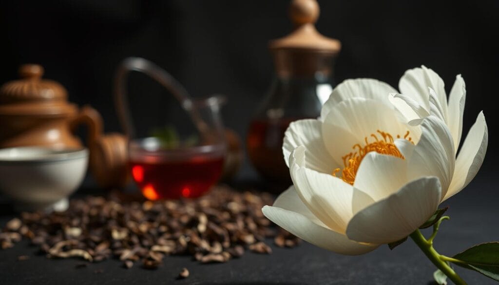 A beautifully lit close-up photograph of a delicate white peony flower, its soft petals fanning out against a dark, moody background. The flower is placed in the foreground, with a sense of gentle movement and weightlessness. Behind it, a blurred arrangement of tea leaves, tea cups, and other implements used in the preparation and serving of white peony tea. The lighting is soft and diffused, creating an atmospheric, contemplative mood. The lens is a macro, capturing the intricate details and textures of the flower. The overall composition conveys a sense of care, caution, and the importance of proper handling and preparation when working with this precious, delicate ingredient.
