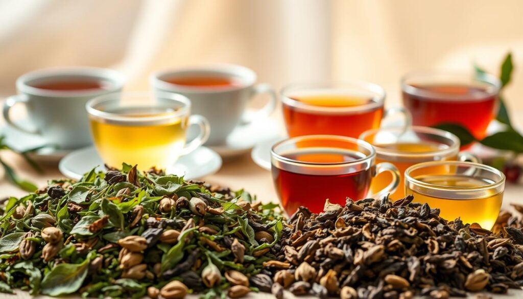 A beautifully lit, high-resolution image depicting an elegant arrangement of various Ding tea flavor varieties. In the foreground, a selection of Ding tea leaves, buds, and infused liquid, showcasing the diverse hues from light green to deep amber. In the middle ground, delicate porcelain teacups and saucers, each containing a different Ding tea varietal, arranged artfully. The background features a soft, out-of-focus backdrop, with a gentle, natural lighting source illuminating the scene. The overall composition conveys the refined, sophisticated, and uniquely flavorful essence of Ding tea. A beautifully lit, high-resolution image depicting an elegant arrangement of various Ding tea flavor varieties. In the foreground, a selection of Ding tea leaves, buds, and infused liquid, showcasing the diverse hues from light green to deep amber. In the middle ground, delicate porcelain teacups and saucers, each containing a different Ding tea varietal, arranged artfully. The background features a soft, out-of-focus backdrop, with a gentle, natural lighting source illuminating the scene. The overall composition conveys the refined, sophisticated, and uniquely flavorful essence of Ding tea.
