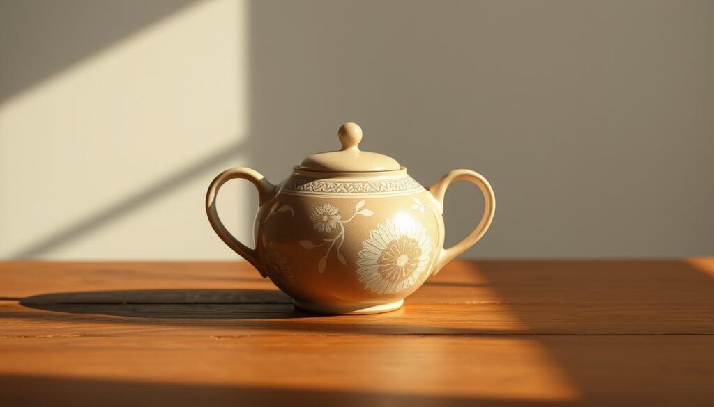 A beautifully lit, high-resolution image of a delicate, hand-crafted ceramic tea pot placed on a wooden table against a neutral background. The tea pot has a elegant, curved silhouette with intricate floral patterns in muted earth tones. Warm, natural lighting casts soft shadows, highlighting the tactile texture of the ceramic glaze. The composition places the tea pot in the center, allowing ample negative space to draw the viewer's eye towards its refined simplicity and timeless design. The overall mood is one of quiet contemplation, inviting the viewer to imagine the perfect cup of tea being poured from this carefully chosen vessel. A beautifully lit, high-resolution image of a delicate, hand-crafted ceramic tea pot placed on a wooden table against a neutral background. The tea pot has a elegant, curved silhouette with intricate floral patterns in muted earth tones. Warm, natural lighting casts soft shadows, highlighting the tactile texture of the ceramic glaze. The composition places the tea pot in the center, allowing ample negative space to draw the viewer's eye towards its refined simplicity and timeless design. The overall mood is one of quiet contemplation, inviting the viewer to imagine the perfect cup of tea being poured from this carefully chosen vessel.