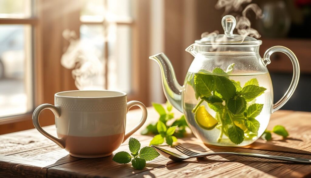 A beautifully lit still life scene showcasing the art of brewing mint tea. In the foreground, a transparent glass teapot gently steams, filled with fresh mint leaves and aromatic hot water. Sunlight streams through a window, casting a warm glow on the scene. In the middle ground, a ceramic mug waits patiently, its delicate pattern complementing the vibrant green of the mint. The background features a rustic wooden table, with a sprig of mint and a polished silver spoon adding elegant accents. The overall mood is one of tranquility and attention to the simple pleasures of making the perfect cup of mint tea. A beautifully lit still life scene showcasing the art of brewing mint tea. In the foreground, a transparent glass teapot gently steams, filled with fresh mint leaves and aromatic hot water. Sunlight streams through a window, casting a warm glow on the scene. In the middle ground, a ceramic mug waits patiently, its delicate pattern complementing the vibrant green of the mint. The background features a rustic wooden table, with a sprig of mint and a polished silver spoon adding elegant accents. The overall mood is one of tranquility and attention to the simple pleasures of making the perfect cup of mint tea.