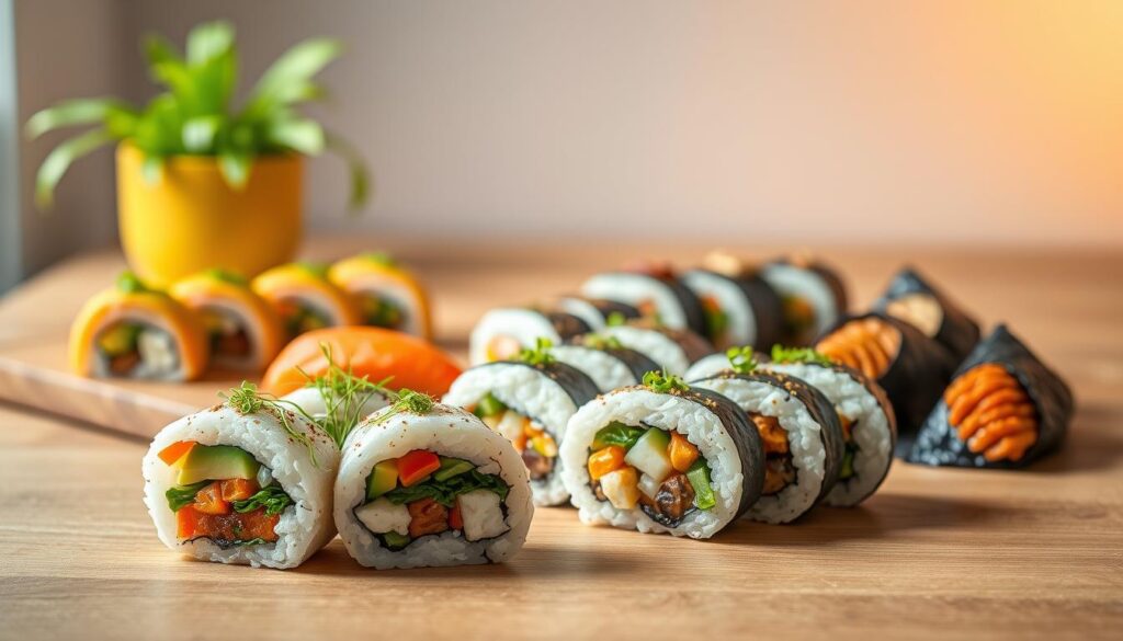 A beautifully lit studio scene featuring an assortment of healthy vegan sushi options. In the foreground, delicate rolls made with soy-based cream cheese, avocado, and finely chopped vegetables like carrots, spinach, and bell peppers, garnished with microgreens and a drizzle of vegan eel sauce. In the middle ground, a selection of nori-wrapped triangular nigiri with fillings like marinated tofu, roasted mushrooms, and seasoned jackfruit. In the background, a clean, minimalist setup with a sleek wooden surface, complemented by a vibrant green potted plant and a subtle lighting setup that casts a warm, natural glow on the scene. The overall mood is fresh, balanced, and inviting, showcasing the vibrant colors and textures of these healthy vegan sushi alternatives. A beautifully lit studio scene featuring an assortment of healthy vegan sushi options. In the foreground, delicate rolls made with soy-based cream cheese, avocado, and finely chopped vegetables like carrots, spinach, and bell peppers, garnished with microgreens and a drizzle of vegan eel sauce. In the middle ground, a selection of nori-wrapped triangular nigiri with fillings like marinated tofu, roasted mushrooms, and seasoned jackfruit. In the background, a clean, minimalist setup with a sleek wooden surface, complemented by a vibrant green potted plant and a subtle lighting setup that casts a warm, natural glow on the scene. The overall mood is fresh, balanced, and inviting, showcasing the vibrant colors and textures of these healthy vegan sushi alternatives.