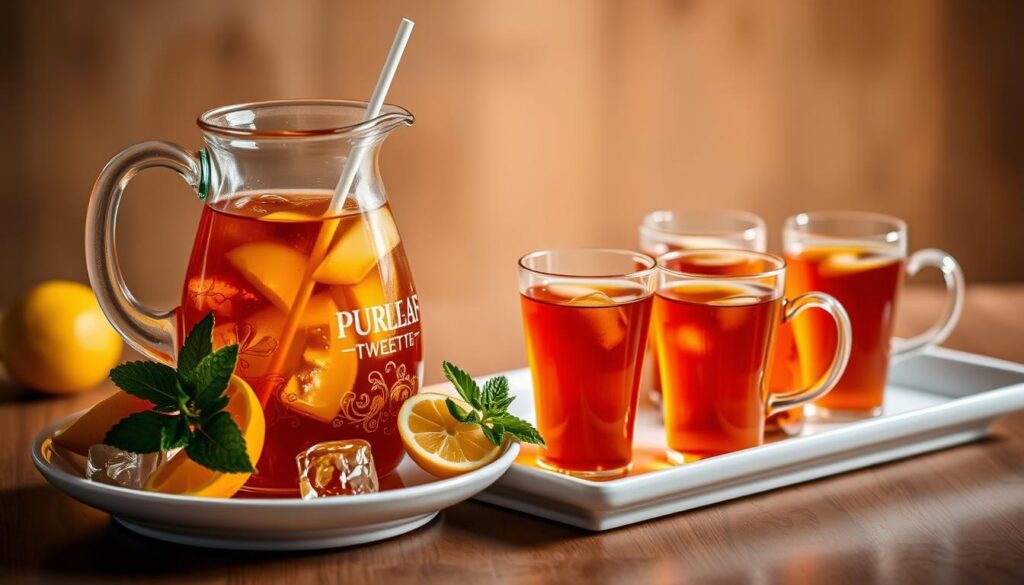 A beautifully lit tabletop scene capturing the essence of serving Pure Leaf Sweet Tea. In the foreground, a clear glass pitcher filled with the amber-colored tea, accompanied by delicate ice cubes that sparkle under warm lighting. Surrounding the pitcher, an arrangement of fresh lemon slices, mint sprigs, and a single straw propped invitingly. In the middle ground, a pristine white serving tray holding elegant glass tumblers, each filled with the fragrant tea. The background showcases a soft, blurred wooden surface, creating a cozy and welcoming atmosphere. The overall composition emphasizes the refreshing and sophisticated nature of the Pure Leaf Sweet Tea experience. A beautifully lit tabletop scene capturing the essence of serving Pure Leaf Sweet Tea. In the foreground, a clear glass pitcher filled with the amber-colored tea, accompanied by delicate ice cubes that sparkle under warm lighting. Surrounding the pitcher, an arrangement of fresh lemon slices, mint sprigs, and a single straw propped invitingly. In the middle ground, a pristine white serving tray holding elegant glass tumblers, each filled with the fragrant tea. The background showcases a soft, blurred wooden surface, creating a cozy and welcoming atmosphere. The overall composition emphasizes the refreshing and sophisticated nature of the Pure Leaf Sweet Tea experience.