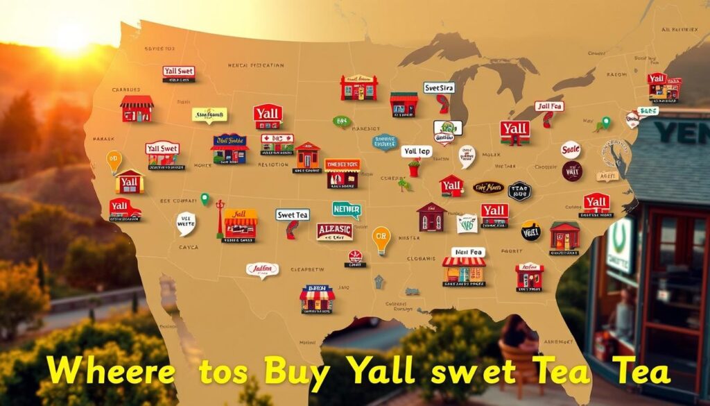 A bustling map of the Southeastern United States, dotted with vibrant retail locations prominently displaying the "Yall Sweet Tea" brand. The foreground features detailed icons of classic Southern storefronts, from cozy mom-and-pop shops to modern cafes, all offering the signature sweet iced tea. The middle ground showcases lush greenery and rolling hills, representing the heart of the region. In the background, a warm sunset casts a golden glow, evoking the comforting, familiar atmosphere of the South. The lighting is soft and natural, with a slight vintage lens effect to capture the timeless charm of these local sweet tea purveyors. An inviting, nostalgic scene that perfectly encapsulates the essence of "Where to Buy Yall Sweet Tea". A bustling map of the Southeastern United States, dotted with vibrant retail locations prominently displaying the "Yall Sweet Tea" brand. The foreground features detailed icons of classic Southern storefronts, from cozy mom-and-pop shops to modern cafes, all offering the signature sweet iced tea. The middle ground showcases lush greenery and rolling hills, representing the heart of the region. In the background, a warm sunset casts a golden glow, evoking the comforting, familiar atmosphere of the South. The lighting is soft and natural, with a slight vintage lens effect to capture the timeless charm of these local sweet tea purveyors. An inviting, nostalgic scene that perfectly encapsulates the essence of "Where to Buy Yall Sweet Tea".