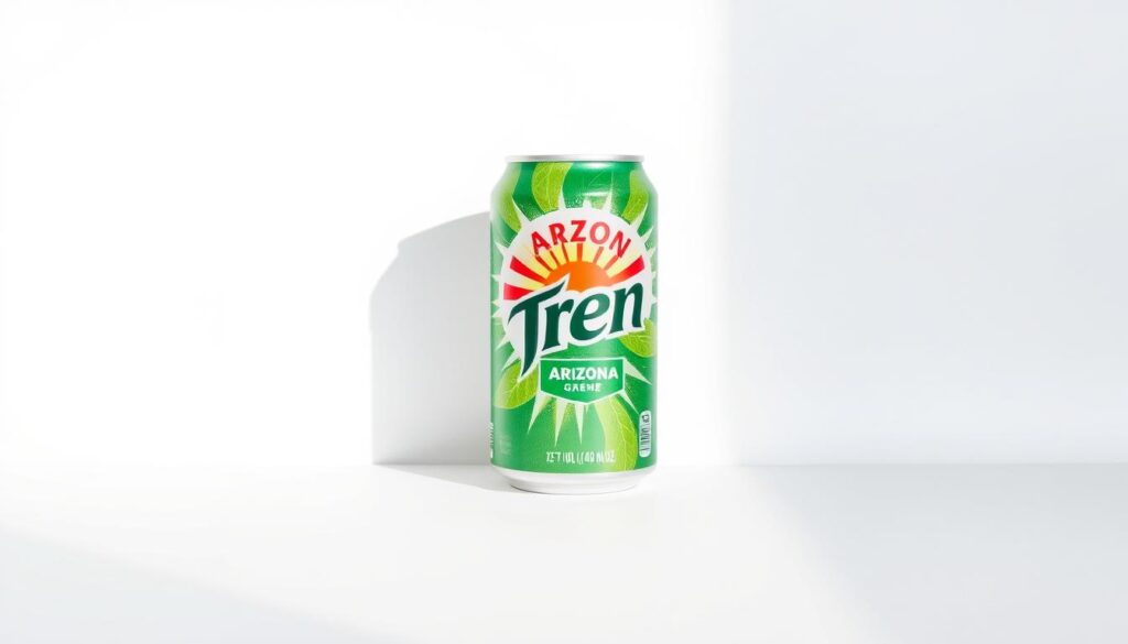 A can of Arizona Green Tea, its label prominently displaying the brand's iconic green-and-white design, sits against a crisp white background. The can is bathed in soft, natural lighting, casting subtle shadows that accentuate its contoured metallic surface. In the foreground, the can is positioned slightly off-center, drawing the viewer's attention to the detailed label that clearly indicates the product's caffeine content. The middle ground features a clean, minimalist layout, allowing the can to be the primary focal point. The background is a simple, uncluttered expanse, devoid of distractions, creating a serene and informative visual presentation. A can of Arizona Green Tea, its label prominently displaying the brand's iconic green-and-white design, sits against a crisp white background. The can is bathed in soft, natural lighting, casting subtle shadows that accentuate its contoured metallic surface. In the foreground, the can is positioned slightly off-center, drawing the viewer's attention to the detailed label that clearly indicates the product's caffeine content. The middle ground features a clean, minimalist layout, allowing the can to be the primary focal point. The background is a simple, uncluttered expanse, devoid of distractions, creating a serene and informative visual presentation.