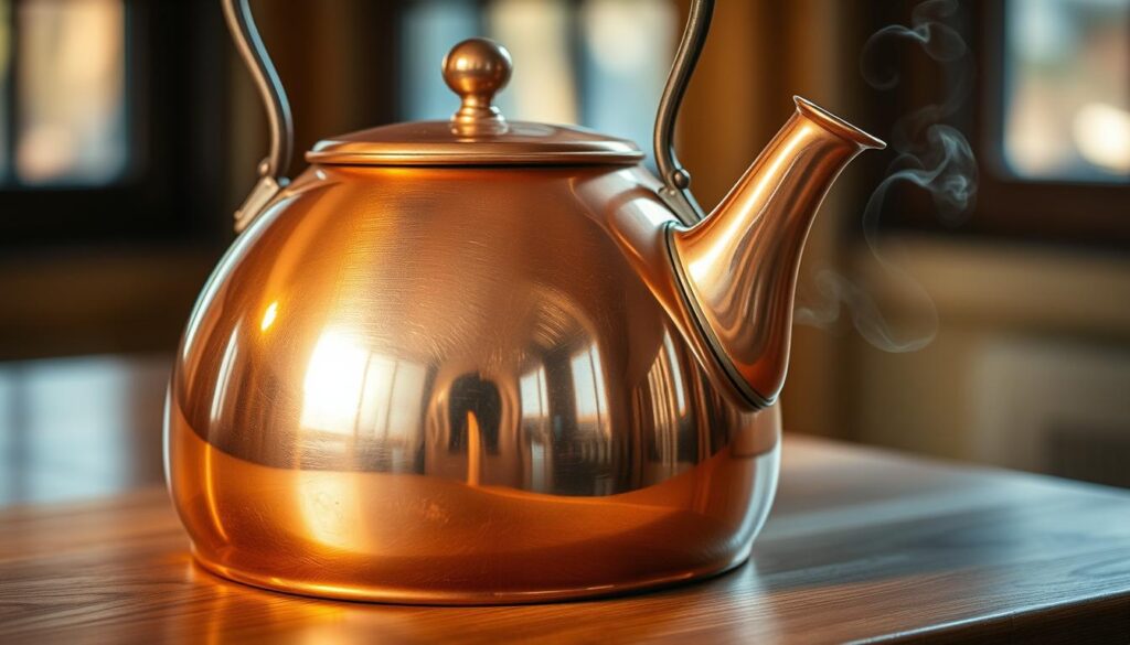 A close-up shot of a classic copper tea kettle placed on a wooden surface, illuminated by warm, natural lighting from a nearby window. The kettle's gleaming surface reflects the subtle patterns of the wood grain, while delicate steam wisps gently curl upwards, creating an inviting, cozy atmosphere. The image focuses on the intricate details of the kettle's craftsmanship, showcasing the rich, reddish-brown hue of the copper and the smooth, polished finish. The scene conveys the timeless appeal and functional elegance of a well-maintained copper tea kettle, highlighting its role as a cherished kitchen accessory. A close-up shot of a classic copper tea kettle placed on a wooden surface, illuminated by warm, natural lighting from a nearby window. The kettle's gleaming surface reflects the subtle patterns of the wood grain, while delicate steam wisps gently curl upwards, creating an inviting, cozy atmosphere. The image focuses on the intricate details of the kettle's craftsmanship, showcasing the rich, reddish-brown hue of the copper and the smooth, polished finish. The scene conveys the timeless appeal and functional elegance of a well-maintained copper tea kettle, highlighting its role as a cherished kitchen accessory.