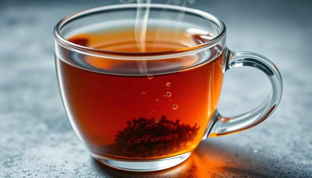 A close-up shot of a transparent glass teacup filled with a warm, amber-colored liquid, surrounded by a backdrop of gray-blue stainless steel countertop. Delicate steam rises from the liquid, revealing the subtle complexity of the Earl Grey tea. Suspended within the tea, tiny specks of caffeine molecules shimmer and dance, captured in a moment of dynamic energy. The lighting is soft and diffused, creating a serene and contemplative atmosphere. The composition emphasizes the interaction between the tea and the caffeine, inviting the viewer to explore the nuances of this classic beverage. A close-up shot of a transparent glass teacup filled with a warm, amber-colored liquid, surrounded by a backdrop of gray-blue stainless steel countertop. Delicate steam rises from the liquid, revealing the subtle complexity of the Earl Grey tea. Suspended within the tea, tiny specks of caffeine molecules shimmer and dance, captured in a moment of dynamic energy. The lighting is soft and diffused, creating a serene and contemplative atmosphere. The composition emphasizes the interaction between the tea and the caffeine, inviting the viewer to explore the nuances of this classic beverage.