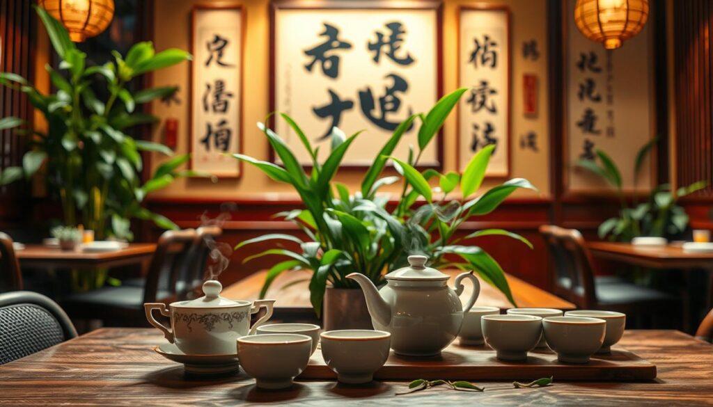 A cozy Chinese restaurant interior with a focus on a traditional tea service, highlighting the health benefits of the tea leaves. In the foreground, a delicate ceramic teapot and cups are arranged on a wooden table, steam gently rising. In the middle ground, lush green plants and ornate Chinese calligraphy adorn the walls, creating a serene, authentic atmosphere. The background features a warm, ambient lighting that casts a soft glow, emphasizing the tranquility and wellness associated with Chinese tea culture. The composition should evoke a sense of traditional elegance, wellness, and the restorative properties of the tea. A cozy Chinese restaurant interior with a focus on a traditional tea service, highlighting the health benefits of the tea leaves. In the foreground, a delicate ceramic teapot and cups are arranged on a wooden table, steam gently rising. In the middle ground, lush green plants and ornate Chinese calligraphy adorn the walls, creating a serene, authentic atmosphere. The background features a warm, ambient lighting that casts a soft glow, emphasizing the tranquility and wellness associated with Chinese tea culture. The composition should evoke a sense of traditional elegance, wellness, and the restorative properties of the tea.