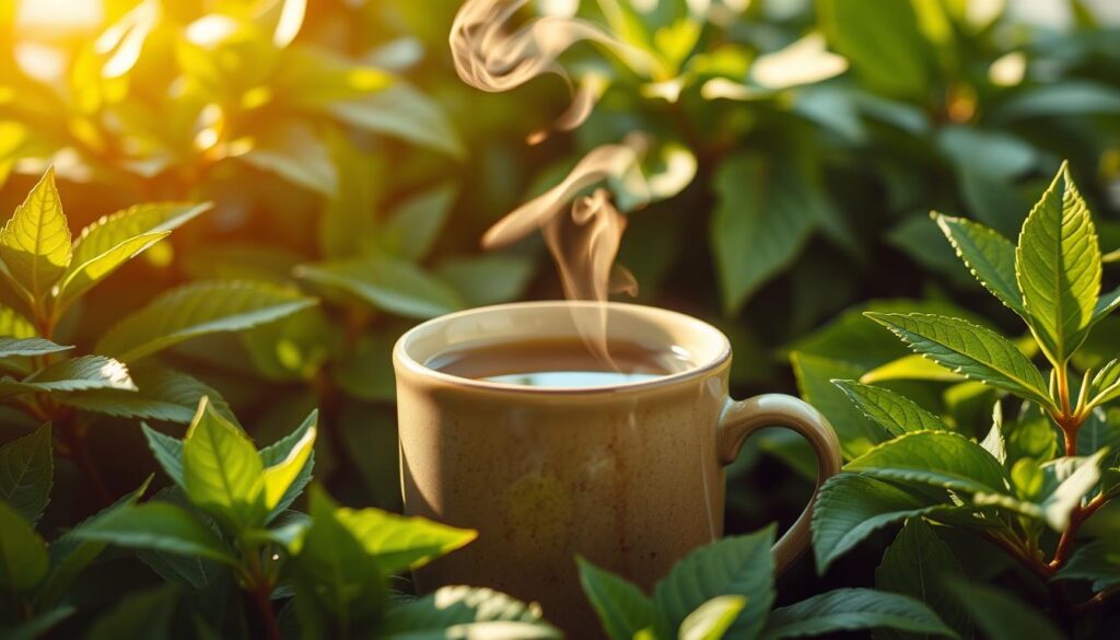 A cozy and calming scene of a steaming mug of decaf green tea set against a backdrop of lush, verdant foliage. The mug is positioned centrally, with delicate steam wisps curling upwards, inviting the viewer to inhale the soothing scent. The lighting is soft and warm, casting a gentle glow that accentuates the vibrant green hues of the leaves and the earthy tones of the ceramic mug. The composition is balanced, with the mug occupying the foreground and the greenery filling the middle and background, creating a sense of tranquility and relaxation. The overall atmosphere is one of peaceful respite, reflecting the stress-relieving benefits of this calming beverage. A cozy and calming scene of a steaming mug of decaf green tea set against a backdrop of lush, verdant foliage. The mug is positioned centrally, with delicate steam wisps curling upwards, inviting the viewer to inhale the soothing scent. The lighting is soft and warm, casting a gentle glow that accentuates the vibrant green hues of the leaves and the earthy tones of the ceramic mug. The composition is balanced, with the mug occupying the foreground and the greenery filling the middle and background, creating a sense of tranquility and relaxation. The overall atmosphere is one of peaceful respite, reflecting the stress-relieving benefits of this calming beverage.