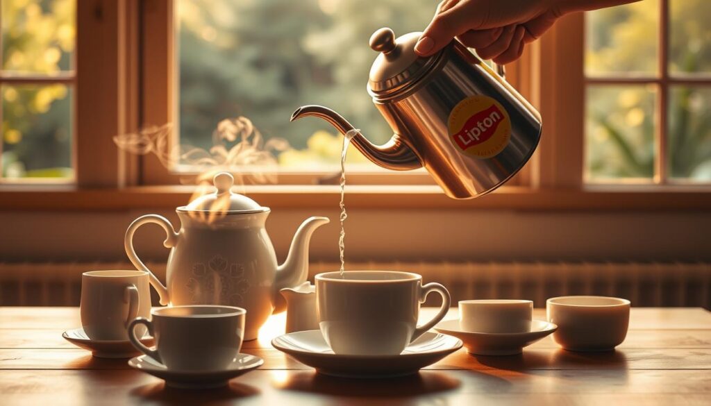 A cozy and inviting scene of brewing a perfect cup of Lipton black tea. In the foreground, a white ceramic teapot sits atop a wooden table, steam gently rising from its spout. Surrounding it are a matching teacup and saucer, a small milk pitcher, and a sugar bowl. In the middle ground, a hand delicately pours hot water from a gooseneck kettle into the teapot, allowing the tea leaves to infuse. The lighting is warm and soft, creating a golden glow that enhances the rich, dark color of the brewing tea. In the background, a window overlooking a lush, green garden provides a serene and natural backdrop, adding to the calming atmosphere. The overall scene captures the ritual and experience of crafting the perfect cup of Lipton black tea.