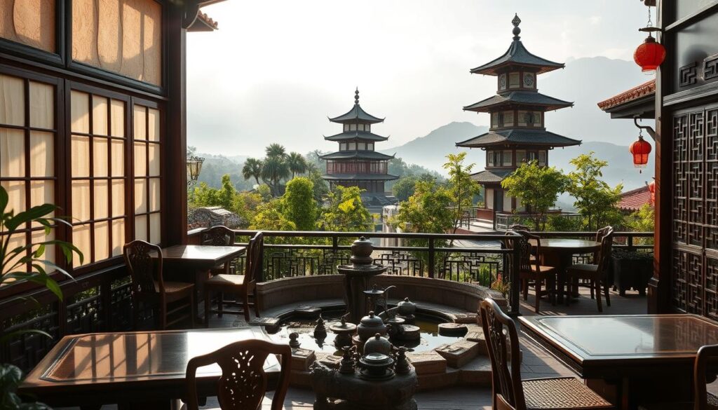 A cozy and inviting tea house, nestled in a picturesque Chinese landscape. Sunlight filters through delicate rice paper screens, casting a warm glow over the serene dining area. Intricately carved wooden tables and chairs are arranged around a central koi pond, its gentle waters reflecting the lush foliage outside. The aroma of freshly brewed green tea and fragrant Chinese dishes wafts through the air, creating a sense of tranquility and authenticity. In the background, a traditional pagoda rises against a backdrop of rolling hills and misty mountains, hinting at the rich cultural heritage of this tea house dining experience. A cozy and inviting tea house, nestled in a picturesque Chinese landscape. Sunlight filters through delicate rice paper screens, casting a warm glow over the serene dining area. Intricately carved wooden tables and chairs are arranged around a central koi pond, its gentle waters reflecting the lush foliage outside. The aroma of freshly brewed green tea and fragrant Chinese dishes wafts through the air, creating a sense of tranquility and authenticity. In the background, a traditional pagoda rises against a backdrop of rolling hills and misty mountains, hinting at the rich cultural heritage of this tea house dining experience.