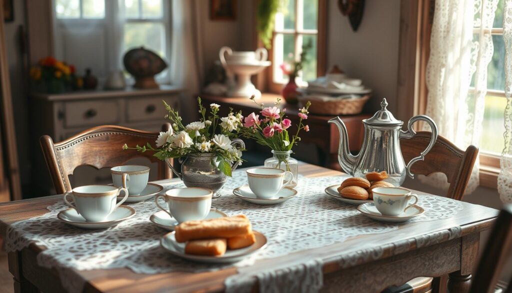 A cozy and inviting vintage tea party setup in a sun-dappled, rustic interior. A weathered wooden table is adorned with a lace tablecloth, mismatched china teacups, and a gleaming silver teapot. Delicate floral arrangements, a tarnished silver sugar bowl, and an assortment of homemade baked goods create an atmosphere of old-world charm. Soft, natural lighting filters through lace curtains, casting a warm glow over the scene. The overall mood is one of genteel elegance and leisurely tranquility, perfect for hosting an intimate and memorable tea time. A cozy and inviting vintage tea party setup in a sun-dappled, rustic interior. A weathered wooden table is adorned with a lace tablecloth, mismatched china teacups, and a gleaming silver teapot. Delicate floral arrangements, a tarnished silver sugar bowl, and an assortment of homemade baked goods create an atmosphere of old-world charm. Soft, natural lighting filters through lace curtains, casting a warm glow over the scene. The overall mood is one of genteel elegance and leisurely tranquility, perfect for hosting an intimate and memorable tea time.
