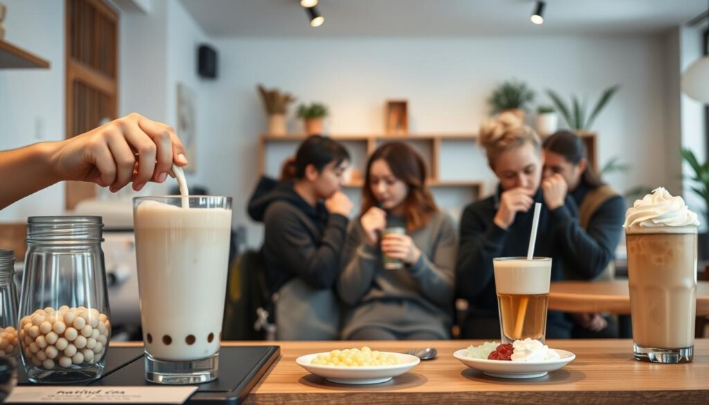 A cozy cafe scene featuring an array of milk tea serving styles. In the foreground, a barista carefully prepares a traditional milk tea, pouring the rich, creamy liquid into a transparent glass. On the counter, an assortment of toppings like boba pearls, fruit jellies, and whipped cream offer customization options. In the middle ground, patrons sip their milk teas, savoring the perfect balance of sweetness and creaminess. Soft, diffused lighting illuminates the scene, creating a warm, inviting atmosphere. The background showcases the cafe's minimalist, Scandinavian-inspired decor, with wooden accents and potted plants adding to the soothing ambiance. An elegant, yet accessible milk tea experience. A cozy cafe scene featuring an array of milk tea serving styles. In the foreground, a barista carefully prepares a traditional milk tea, pouring the rich, creamy liquid into a transparent glass. On the counter, an assortment of toppings like boba pearls, fruit jellies, and whipped cream offer customization options. In the middle ground, patrons sip their milk teas, savoring the perfect balance of sweetness and creaminess. Soft, diffused lighting illuminates the scene, creating a warm, inviting atmosphere. The background showcases the cafe's minimalist, Scandinavian-inspired decor, with wooden accents and potted plants adding to the soothing ambiance. An elegant, yet accessible milk tea experience.