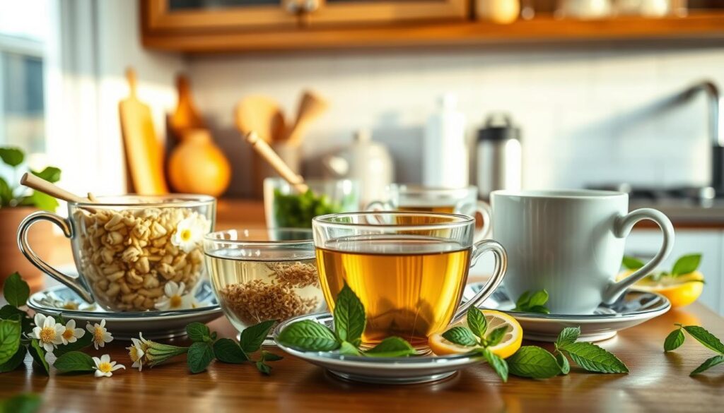 A cozy kitchen counter with an assortment of aromatic herbal tea infusions, including delicate jasmine buds, lemon balm, chamomile, and peppermint leaves. Soft natural lighting filters through a nearby window, casting a warm glow on the scene. The teacups and accompanying accoutrements, such as honey sticks and lemon slices, are arranged in a visually appealing manner, inviting the viewer to pause and savor the calming, caffeine-free experience. The overall atmosphere conveys a sense of tranquility and mindfulness, perfectly suited for an article exploring alternatives to caffeine-containing jasmine tea. A cozy kitchen counter with an assortment of aromatic herbal tea infusions, including delicate jasmine buds, lemon balm, chamomile, and peppermint leaves. Soft natural lighting filters through a nearby window, casting a warm glow on the scene. The teacups and accompanying accoutrements, such as honey sticks and lemon slices, are arranged in a visually appealing manner, inviting the viewer to pause and savor the calming, caffeine-free experience. The overall atmosphere conveys a sense of tranquility and mindfulness, perfectly suited for an article exploring alternatives to caffeine-containing jasmine tea.