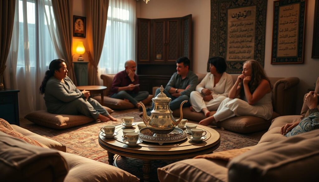 A cozy living room in a traditional Turkish home, sunlight filtering through sheer curtains. In the center, a low table holds a gleaming Turkish tea set - ornate porcelain cups, a delicate teapot, and a tray of fragrant tea leaves. Around the table, plush floor cushions invite guests to gather, sipping tea and chatting animatedly. The walls are adorned with intricate tapestries and framed calligraphy, creating an atmosphere of warmth and cultural heritage. Soft, diffused lighting casts a golden glow, accentuating the rich textures and colors. This is a scene of simple pleasures, where the ritual of brewing and sharing tea brings people together in a celebration of Turkish hospitality. A cozy living room in a traditional Turkish home, sunlight filtering through sheer curtains. In the center, a low table holds a gleaming Turkish tea set - ornate porcelain cups, a delicate teapot, and a tray of fragrant tea leaves. Around the table, plush floor cushions invite guests to gather, sipping tea and chatting animatedly. The walls are adorned with intricate tapestries and framed calligraphy, creating an atmosphere of warmth and cultural heritage. Soft, diffused lighting casts a golden glow, accentuating the rich textures and colors. This is a scene of simple pleasures, where the ritual of brewing and sharing tea brings people together in a celebration of Turkish hospitality.