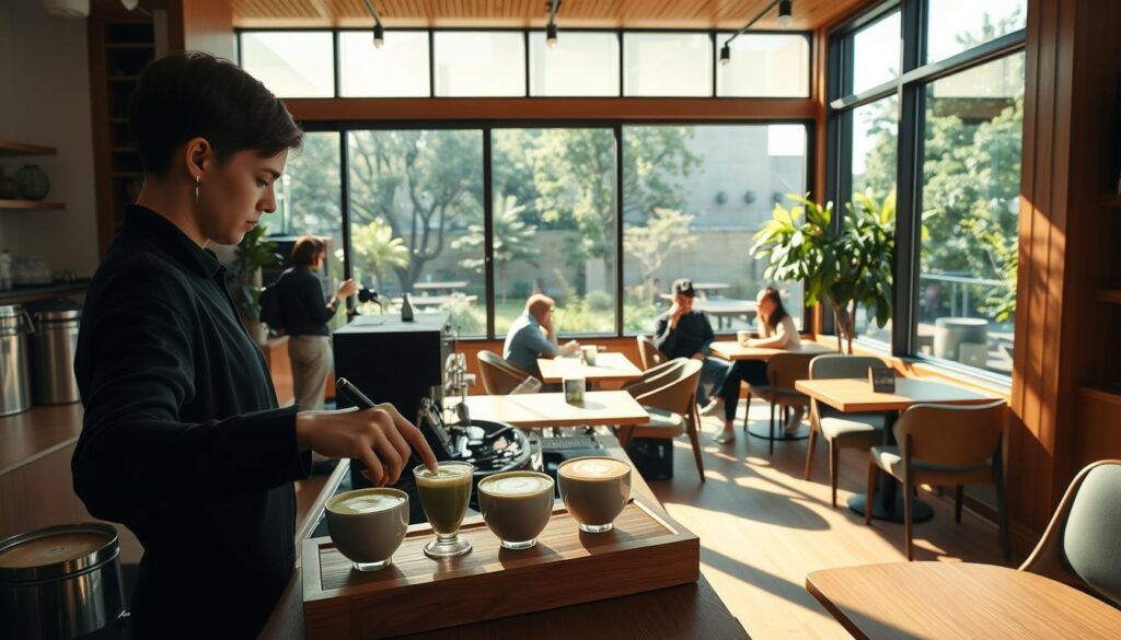 A cozy, sun-dappled interior of a modern Green Tea Cafe, with sleek wood furnishings and minimalist decor. The foreground features a barista meticulously preparing a flight of artisanal matcha lattes, the steam rising gracefully. In the middle ground, patrons sit at intimate tables, sipping their tea and discussing the subtle flavor notes. The background showcases a wall of floor-to-ceiling windows, offering a serene garden view and soft, natural lighting that bathes the space. An atmosphere of tranquility, sophistication, and a true appreciation for the art of green tea. A cozy, sun-dappled interior of a modern Green Tea Cafe, with sleek wood furnishings and minimalist decor. The foreground features a barista meticulously preparing a flight of artisanal matcha lattes, the steam rising gracefully. In the middle ground, patrons sit at intimate tables, sipping their tea and discussing the subtle flavor notes. The background showcases a wall of floor-to-ceiling windows, offering a serene garden view and soft, natural lighting that bathes the space. An atmosphere of tranquility, sophistication, and a true appreciation for the art of green tea.