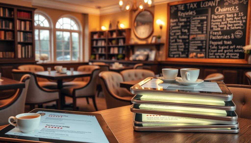 A cozy tea cafe interior with wooden tables, plush armchairs, and bookshelves lining the walls. Warm golden lighting casts a soft glow, highlighting the array of tea-filled cups and saucers on the tables. In the foreground, a stack of glowing tablet devices displays online reviews for various tea blends and local cafes. The background features a large chalkboard menu highlighting specialty teas, served alongside fresh pastries and desserts. The overall atmosphere is inviting and conducive to leisurely tea-sipping and reviewing recommendations. A cozy tea cafe interior with wooden tables, plush armchairs, and bookshelves lining the walls. Warm golden lighting casts a soft glow, highlighting the array of tea-filled cups and saucers on the tables. In the foreground, a stack of glowing tablet devices displays online reviews for various tea blends and local cafes. The background features a large chalkboard menu highlighting specialty teas, served alongside fresh pastries and desserts. The overall atmosphere is inviting and conducive to leisurely tea-sipping and reviewing recommendations.