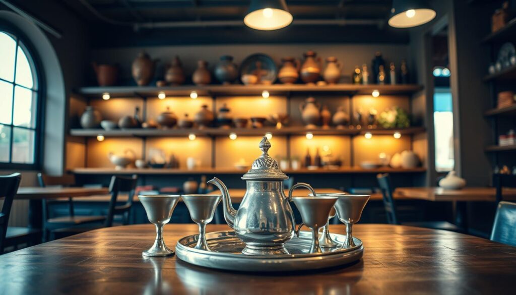 A cozy, well-lit cafe interior with a wooden table showcasing an authentic Turkish tea set in the foreground. The set features a traditional teapot, tulip-shaped tea glasses, and a silver tray. In the middle ground, shelves display various handcrafted Turkish ceramics, brass accessories, and spice jars. The background is a warm, inviting ambiance with subdued lighting, suggesting an intimate, immersive experience. Soft, diffused lighting from overhead illuminates the scene, creating a comforting, inviting atmosphere. The overall composition emphasizes the craftsmanship and cultural significance of the Turkish tea set, inviting the viewer to imagine the traditions and flavors it represents. A cozy, well-lit cafe interior with a wooden table showcasing an authentic Turkish tea set in the foreground. The set features a traditional teapot, tulip-shaped tea glasses, and a silver tray. In the middle ground, shelves display various handcrafted Turkish ceramics, brass accessories, and spice jars. The background is a warm, inviting ambiance with subdued lighting, suggesting an intimate, immersive experience. Soft, diffused lighting from overhead illuminates the scene, creating a comforting, inviting atmosphere. The overall composition emphasizes the craftsmanship and cultural significance of the Turkish tea set, inviting the viewer to imagine the traditions and flavors it represents.