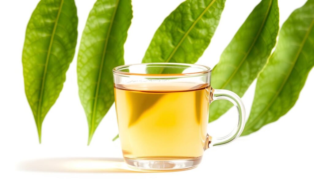 A crisp, well-lit close-up shot of several fresh white tea leaves, each with delicate veins and fuzzy textures, arranged against a plain, bright background. The leaves are positioned to showcase their intricate structures and vibrant green hues, suggesting the natural, unprocessed nature of the tea. In the foreground, a transparent glass container filled with a clear, amber-toned liquid represents the extracted caffeine, its level visually contrasted against the pure, untouched tea leaves. The lighting is soft and directional, accentuating the fine details and creating subtle shadows that add depth and dimension to the scene. The overall composition emphasizes the essential factors that influence the caffeine content in white tea, inviting the viewer to appreciate the natural complexity of this delicate beverage. A crisp, well-lit close-up shot of several fresh white tea leaves, each with delicate veins and fuzzy textures, arranged against a plain, bright background. The leaves are positioned to showcase their intricate structures and vibrant green hues, suggesting the natural, unprocessed nature of the tea. In the foreground, a transparent glass container filled with a clear, amber-toned liquid represents the extracted caffeine, its level visually contrasted against the pure, untouched tea leaves. The lighting is soft and directional, accentuating the fine details and creating subtle shadows that add depth and dimension to the scene. The overall composition emphasizes the essential factors that influence the caffeine content in white tea, inviting the viewer to appreciate the natural complexity of this delicate beverage.