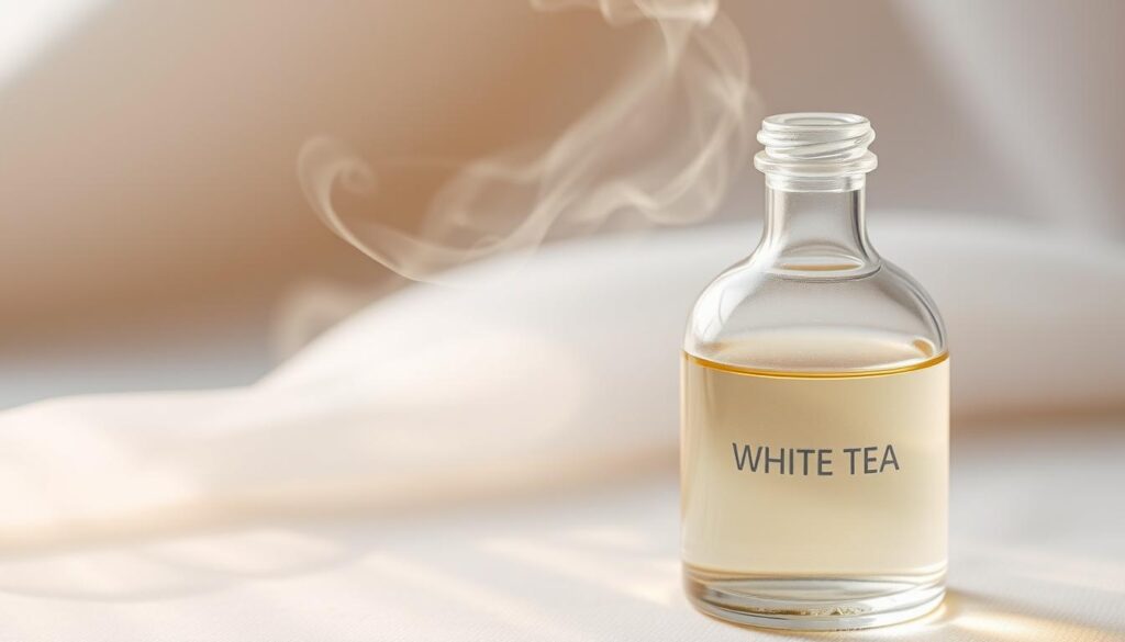 A delicate, ethereal fragrance essence envelops the senses. In the foreground, a glass bottle filled with translucent liquid captures the essence of White Tea, its soft hues and subtle edges reflecting the gentle nature of the scent. Wispy wisps of steam rise from the bottle, hinting at the airy, lightly floral aroma. The middle ground features a soft, hazy backdrop, creating an atmosphere of tranquility and serenity. Soft, diffused lighting bathes the scene, lending a sense of luminous elegance. The overall mood is one of delicate beauty, inviting the viewer to imagine the calming, uplifting experience of the White Tea fragrance.