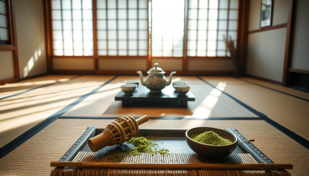 A delicately lit Japanese tea ceremony room, with a central low table set with an ornate teapot, ceramic cups, and fresh matcha powder. Soft natural light filters through shoji screens, casting a warm glow on the tatami mats and minimalist decor. In the foreground, a traditional tea whisk and serving tray rest on a bamboo placement, inviting the viewer to immerse themselves in the serene ritual. The atmosphere is one of tranquility and mindfulness, perfectly capturing the essence of an authentic Japanese tea experience. A delicately lit Japanese tea ceremony room, with a central low table set with an ornate teapot, ceramic cups, and fresh matcha powder. Soft natural light filters through shoji screens, casting a warm glow on the tatami mats and minimalist decor. In the foreground, a traditional tea whisk and serving tray rest on a bamboo placement, inviting the viewer to immerse themselves in the serene ritual. The atmosphere is one of tranquility and mindfulness, perfectly capturing the essence of an authentic Japanese tea experience.