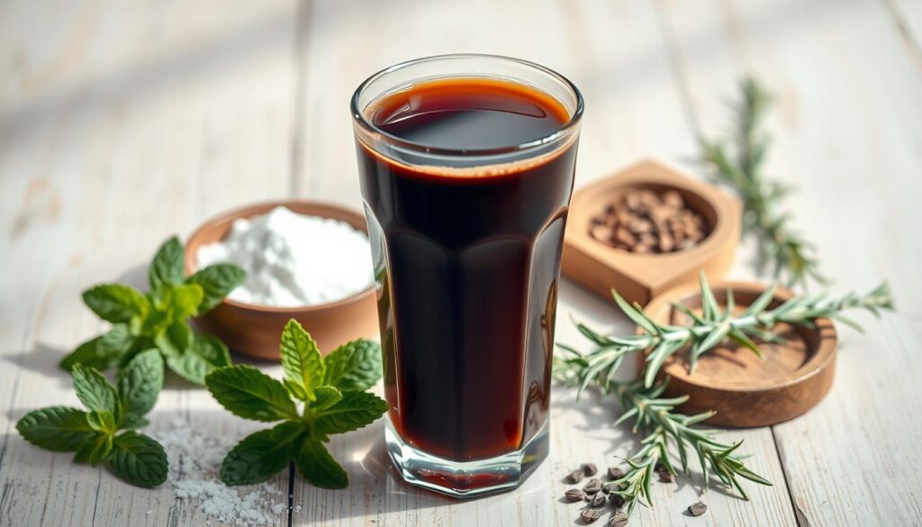 A detailed, high-resolution image of a glass filled with black milk tea, positioned on a wooden table with a light and airy backdrop. The tea has a rich, glossy appearance, and the glass is filled to the brim, revealing the tea's deep, inky color. Surrounding the glass are various nutritional elements, such as organic raw cane sugar, fresh mint leaves, and a sprig of rosemary, all arranged in a visually appealing manner. The lighting is soft and natural, casting gentle shadows and highlights on the scene, creating a sense of warmth and inviting atmosphere. The overall composition is clean, balanced, and showcases the health benefits and nutritional value of this delightful black milk tea.