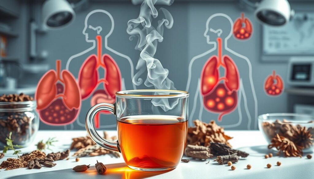 A detailed medical illustration depicting the potential side effects of detox tea. The foreground shows a transparent glass cup filled with steaming, golden-brown liquid, surrounded by a variety of herbal and medicinal ingredients. In the middle ground, anatomical cross-sections reveal the internal organs, highlighting areas of inflammation and irritation. The background is a clinical, sterile environment with medical equipment and scientific diagrams, conveying a sense of seriousness and authority. The overall mood is one of cautious concern, with a focus on educating the viewer about the potential health risks associated with detox tea consumption. Soft, natural lighting illuminates the scene, creating depth and emphasizing the delicate details. A detailed medical illustration depicting the potential side effects of detox tea. The foreground shows a transparent glass cup filled with steaming, golden-brown liquid, surrounded by a variety of herbal and medicinal ingredients. In the middle ground, anatomical cross-sections reveal the internal organs, highlighting areas of inflammation and irritation. The background is a clinical, sterile environment with medical equipment and scientific diagrams, conveying a sense of seriousness and authority. The overall mood is one of cautious concern, with a focus on educating the viewer about the potential health risks associated with detox tea consumption. Soft, natural lighting illuminates the scene, creating depth and emphasizing the delicate details.