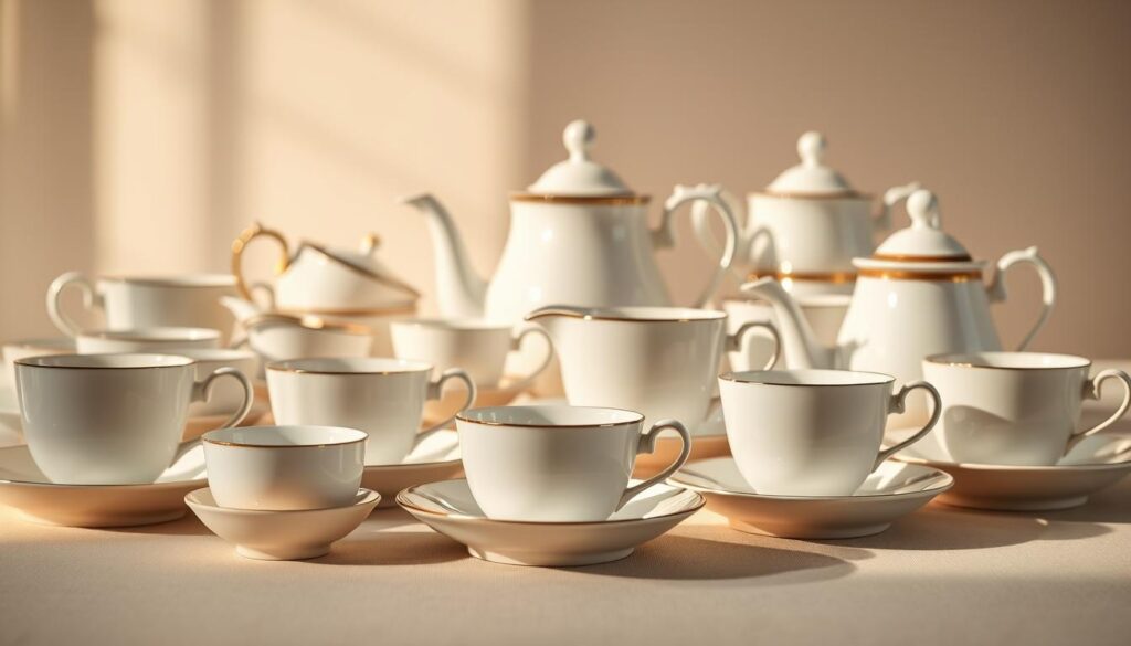 A detailed tea serving size guide, showcasing an elegant arrangement of porcelain tea cups and saucers in a soft, well-lit setting. The foreground features several tea cups and saucers of varying sizes, meticulously positioned to highlight their dimensions and proportions. In the middle ground, a selection of tea pots and creamers complement the tea set, creating a harmonious still-life composition. The background is a muted, neutral palette, allowing the delicate porcelain pieces to take center stage. Warm, natural lighting casts subtle shadows, enhancing the textural details and glazed finishes of the ceramics. The overall mood is one of refined sophistication, inviting the viewer to imagine the perfect tea experience. A detailed tea serving size guide, showcasing an elegant arrangement of porcelain tea cups and saucers in a soft, well-lit setting. The foreground features several tea cups and saucers of varying sizes, meticulously positioned to highlight their dimensions and proportions. In the middle ground, a selection of tea pots and creamers complement the tea set, creating a harmonious still-life composition. The background is a muted, neutral palette, allowing the delicate porcelain pieces to take center stage. Warm, natural lighting casts subtle shadows, enhancing the textural details and glazed finishes of the ceramics. The overall mood is one of refined sophistication, inviting the viewer to imagine the perfect tea experience.
