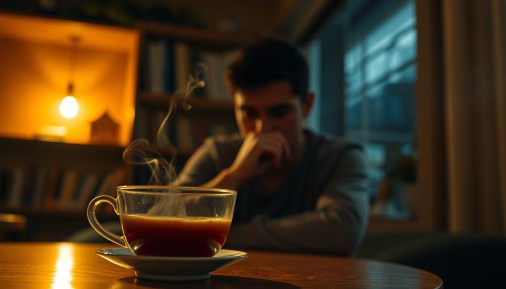 A dimly lit, cozy café interior. In the foreground, a delicate ceramic teacup filled with steaming oolong tea, emitting wisps of fragrant steam. The middle ground features a pensive person, hand resting on their chin, deep in thought as they contemplate the cup. The background showcases a bookshelf, soft lighting, and a gentle haze, creating an atmosphere of introspection. The lighting is soft and warm, casting a golden glow over the scene. The overall mood is one of quiet contemplation, exploring the nuances of caffeine sensitivity and its impact on tea consumption.