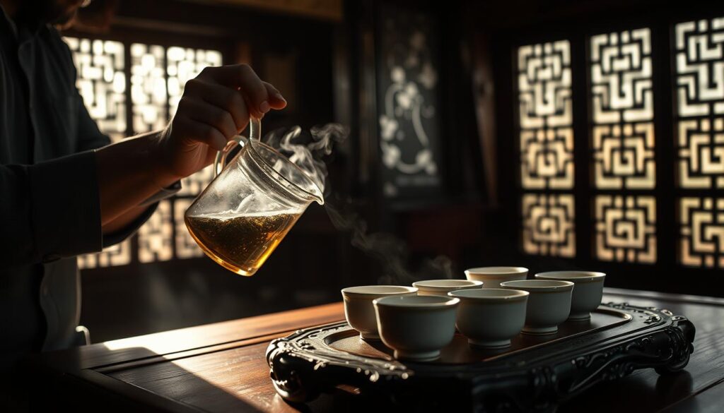 A dimly lit, cozy tea room in the heart of a traditional Chinese teahouse. In the foreground, a skilled tea master delicately pours steaming hot water over loose tea leaves in a glass teapot, the liquid swirling and infusing with a rich aroma. In the middle ground, an ornate wooden tea tray holds a selection of antique ceramic teacups and saucers, ready to be served. The background features intricate latticed windows, casting soft, warm light across the scene, evoking a sense of timeless tradition and meticulous craftsmanship. The overall mood is one of tranquility, attention to detail, and a deep reverence for the art of Chinese tea brewing. A dimly lit, cozy tea room in the heart of a traditional Chinese teahouse. In the foreground, a skilled tea master delicately pours steaming hot water over loose tea leaves in a glass teapot, the liquid swirling and infusing with a rich aroma. In the middle ground, an ornate wooden tea tray holds a selection of antique ceramic teacups and saucers, ready to be served. The background features intricate latticed windows, casting soft, warm light across the scene, evoking a sense of timeless tradition and meticulous craftsmanship. The overall mood is one of tranquility, attention to detail, and a deep reverence for the art of Chinese tea brewing.