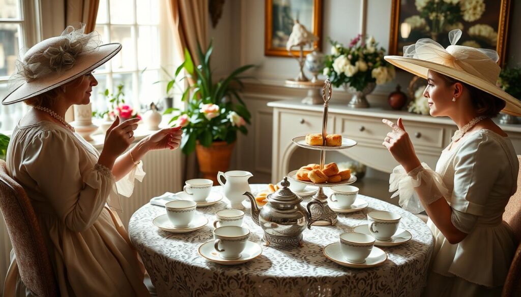 A formal English tea party set in a cozy, sun-dappled drawing room. Elegant bone china teacups and saucers arranged on a lace-draped table, accompanied by delicate finger sandwiches, scones, and a tiered cake stand. Genteel ladies in flowing Victorian dresses and wide-brimmed hats sip their tea, pinky fingers extended, engaging in genteel conversation. Ornate silver teapot and sugar bowl glinting in the soft, warm lighting. Lush floral arrangements and potted plants in the background, lending an air of refined sophistication. The perfect scene to illustrate the etiquette and tradition of a quintessential British cream tea. A formal English tea party set in a cozy, sun-dappled drawing room. Elegant bone china teacups and saucers arranged on a lace-draped table, accompanied by delicate finger sandwiches, scones, and a tiered cake stand. Genteel ladies in flowing Victorian dresses and wide-brimmed hats sip their tea, pinky fingers extended, engaging in genteel conversation. Ornate silver teapot and sugar bowl glinting in the soft, warm lighting. Lush floral arrangements and potted plants in the background, lending an air of refined sophistication. The perfect scene to illustrate the etiquette and tradition of a quintessential British cream tea.