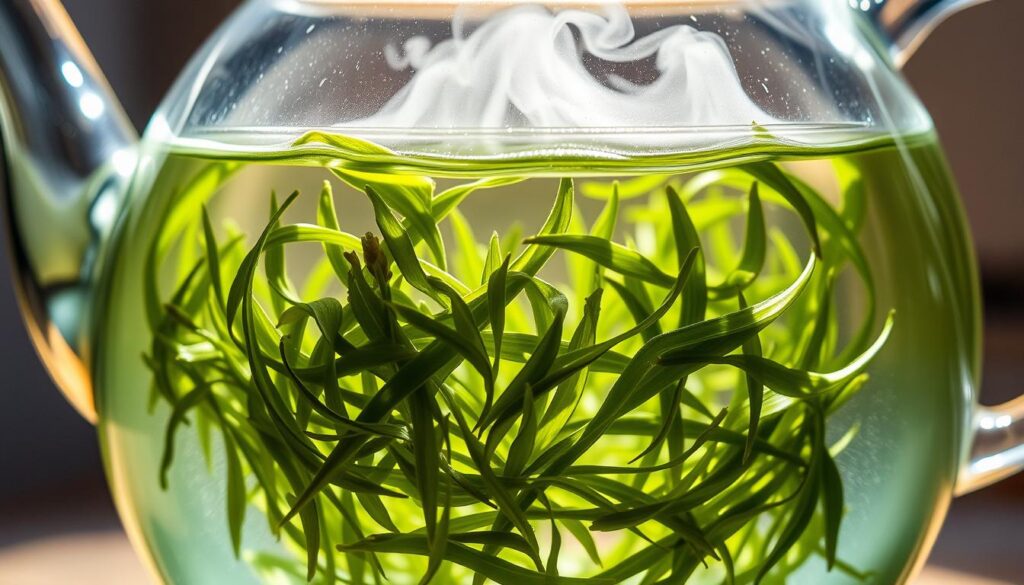 A glass teapot filled with clear water, steam rising gently from the surface. Loose green tea leaves dance and unfurl gracefully, casting delicate shadows on the transparent walls. Soft, natural lighting filters in, illuminating the verdant hues and creating a serene, contemplative atmosphere. The camera angles showcase the brewing process from multiple perspectives, inviting the viewer to fully experience the ritual of steeping loose leaf green tea. A glass teapot filled with clear water, steam rising gently from the surface. Loose green tea leaves dance and unfurl gracefully, casting delicate shadows on the transparent walls. Soft, natural lighting filters in, illuminating the verdant hues and creating a serene, contemplative atmosphere. The camera angles showcase the brewing process from multiple perspectives, inviting the viewer to fully experience the ritual of steeping loose leaf green tea.