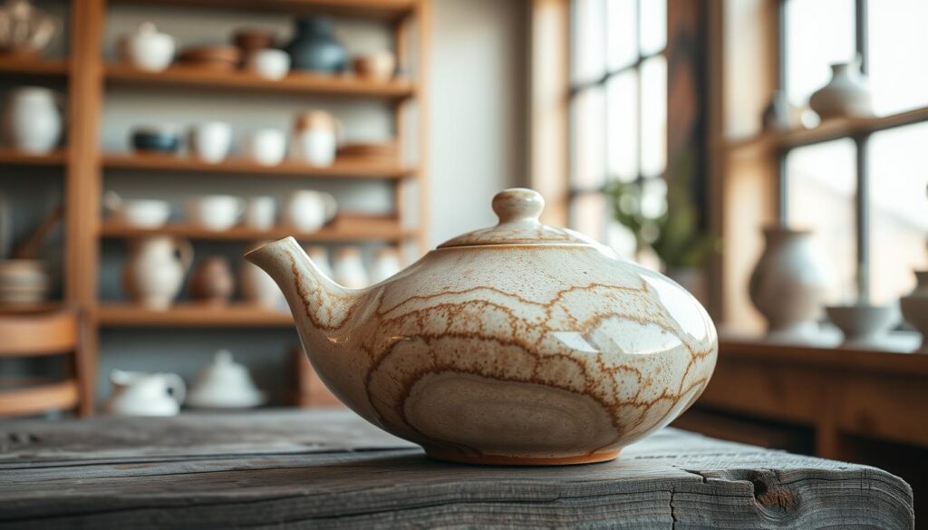 A handcrafted ceramic tea pot rests on a rustic wooden surface, its intricate glaze patterns catching the warm light filtering through a large window. The pot's organic, asymmetric shape features delicate raised textures and a gracefully curved spout, showcasing the skilled artistry of its maker. In the background, blurred shelves display an assortment of complementary ceramic pieces, hinting at the tea pot's place within a larger collection of handcrafted wares. The overall scene exudes a sense of thoughtful craftsmanship, inviting the viewer to appreciate the beauty and functionality of this unique, one-of-a-kind tea pot. A handcrafted ceramic tea pot rests on a rustic wooden surface, its intricate glaze patterns catching the warm light filtering through a large window. The pot's organic, asymmetric shape features delicate raised textures and a gracefully curved spout, showcasing the skilled artistry of its maker. In the background, blurred shelves display an assortment of complementary ceramic pieces, hinting at the tea pot's place within a larger collection of handcrafted wares. The overall scene exudes a sense of thoughtful craftsmanship, inviting the viewer to appreciate the beauty and functionality of this unique, one-of-a-kind tea pot.