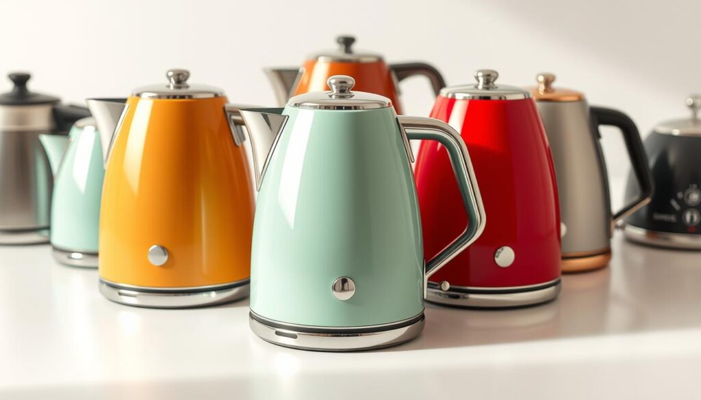 A high-quality, detailed, and photorealistic comparison of Smeg retro-style electric kettles placed side-by-side against similar kettles from other leading brands. The Smeg kettles are featured prominently in the center of the frame, illuminated by warm, natural lighting that accentuates their sleek, curved metal bodies and vibrant color finishes. The surrounding kettles are slightly out of focus, allowing the viewer to easily compare the distinctive design and build quality of the Smeg models. The image has a clean, minimalist aesthetic with a simple white background, conveying a sense of sophistication and attention to detail. The overall mood is one of quality, style, and thoughtful product comparison. A high-quality, detailed, and photorealistic comparison of Smeg retro-style electric kettles placed side-by-side against similar kettles from other leading brands. The Smeg kettles are featured prominently in the center of the frame, illuminated by warm, natural lighting that accentuates their sleek, curved metal bodies and vibrant color finishes. The surrounding kettles are slightly out of focus, allowing the viewer to easily compare the distinctive design and build quality of the Smeg models. The image has a clean, minimalist aesthetic with a simple white background, conveying a sense of sophistication and attention to detail. The overall mood is one of quality, style, and thoughtful product comparison.