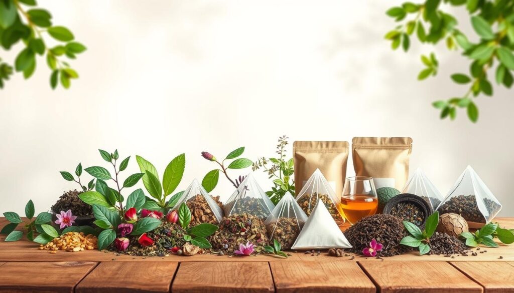 A high-quality, detailed illustration showcasing an assortment of organic detox tea leaves, flowers, and infusions. A wooden table in the foreground displays various types of loose-leaf teas, herbal blends, and pyramid tea bags, all arranged elegantly against a light, airy background. The teas are presented with care, highlighting their natural colors, textures, and aromatic qualities. Soft, diffused lighting casts a warm, inviting glow, emphasizing the premium, artisanal nature of the products. The composition conveys a sense of tranquility, wellness, and wholesome, sustainable living, perfectly complementing the "Choosing the Right Detox Tea for You" section of the article. A high-quality, detailed illustration showcasing an assortment of organic detox tea leaves, flowers, and infusions. A wooden table in the foreground displays various types of loose-leaf teas, herbal blends, and pyramid tea bags, all arranged elegantly against a light, airy background. The teas are presented with care, highlighting their natural colors, textures, and aromatic qualities. Soft, diffused lighting casts a warm, inviting glow, emphasizing the premium, artisanal nature of the products. The composition conveys a sense of tranquility, wellness, and wholesome, sustainable living, perfectly complementing the "Choosing the Right Detox Tea for You" section of the article.