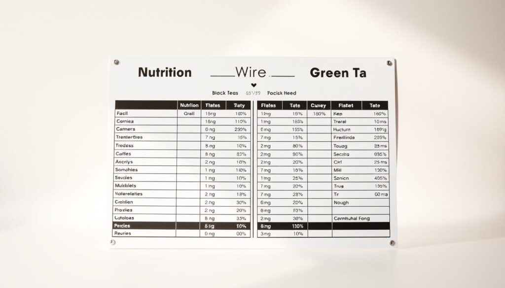 A highly detailed nutritional comparison chart depicting side-by-side nutrition facts for black tea and green tea. The chart is set against a clean, minimalist background, with a soft, indirect lighting that casts a warm, inviting glow. The data is presented in a clear, easy-to-read format, with crisp typography and well-organized columns. The overall aesthetic is modern, sophisticated, and visually striking, designed to effectively convey the key nutritional differences between these two popular tea varieties. A highly detailed nutritional comparison chart depicting side-by-side nutrition facts for black tea and green tea. The chart is set against a clean, minimalist background, with a soft, indirect lighting that casts a warm, inviting glow. The data is presented in a clear, easy-to-read format, with crisp typography and well-organized columns. The overall aesthetic is modern, sophisticated, and visually striking, designed to effectively convey the key nutritional differences between these two popular tea varieties.