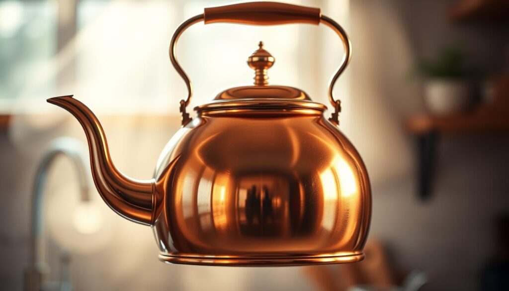 A highly detailed, photorealistic copper tea kettle suspended in a natural, softly-lit setting. The kettle is centered, its gleaming curved body and spout reflecting the warm lighting. Subtle shadows and highlights accentuate the metallic texture and intricate features - the sculpted handle, the delicate spout cap, the ornamental knob on the lid. The background is a muted, dreamy environment, perhaps a kitchen counter or tabletop, allowing the kettle to be the focal point. The overall mood is one of refined elegance and craftsmanship, inviting the viewer to closely examine the beauty and functionality of this timeless household item. A highly detailed, photorealistic copper tea kettle suspended in a natural, softly-lit setting. The kettle is centered, its gleaming curved body and spout reflecting the warm lighting. Subtle shadows and highlights accentuate the metallic texture and intricate features - the sculpted handle, the delicate spout cap, the ornamental knob on the lid. The background is a muted, dreamy environment, perhaps a kitchen counter or tabletop, allowing the kettle to be the focal point. The overall mood is one of refined elegance and craftsmanship, inviting the viewer to closely examine the beauty and functionality of this timeless household item.