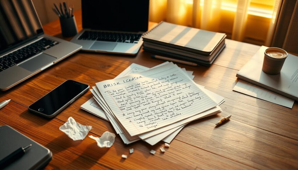 A highly detailed, photorealistic view of a wooden desk with a laptop, smartphone, and various office supplies. In the center, a stack of customer reviews for Brisk Iced Tea, handwritten on lined paper, with a few crumpled pages scattered around. The desk is illuminated by warm, diffused natural light streaming in from a window, casting soft shadows and highlighting the textures of the materials. The scene conveys a sense of thoughtful consideration and honest, unfiltered feedback from satisfied customers. A highly detailed, photorealistic view of a wooden desk with a laptop, smartphone, and various office supplies. In the center, a stack of customer reviews for Brisk Iced Tea, handwritten on lined paper, with a few crumpled pages scattered around. The desk is illuminated by warm, diffused natural light streaming in from a window, casting soft shadows and highlighting the textures of the materials. The scene conveys a sense of thoughtful consideration and honest, unfiltered feedback from satisfied customers.