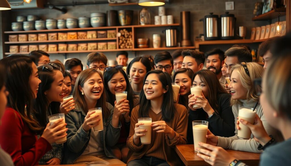 A lively crowd of diverse individuals gathered in a cozy, well-lit cafe setting, their faces alight with joy and camaraderie as they sip their fragrant milk tea beverages. In the foreground, a group of friends animatedly engage in conversation, their hands gesturing expressively. In the middle ground, other patrons sit at tables, enjoying the warm, inviting atmosphere and the sense of community. The background features the cafe's rustic decor, with shelves of tea leaves and brewing equipment, creating a sense of authentic, artisanal charm. Warm lighting casts a soft, golden glow over the scene, heightening the intimate, convivial mood. The overall impression is one of a vibrant, welcoming gathering of milk tea enthusiasts, united in their shared love of this cherished beverage. A lively crowd of diverse individuals gathered in a cozy, well-lit cafe setting, their faces alight with joy and camaraderie as they sip their fragrant milk tea beverages. In the foreground, a group of friends animatedly engage in conversation, their hands gesturing expressively. In the middle ground, other patrons sit at tables, enjoying the warm, inviting atmosphere and the sense of community. The background features the cafe's rustic decor, with shelves of tea leaves and brewing equipment, creating a sense of authentic, artisanal charm. Warm lighting casts a soft, golden glow over the scene, heightening the intimate, convivial mood. The overall impression is one of a vibrant, welcoming gathering of milk tea enthusiasts, united in their shared love of this cherished beverage.