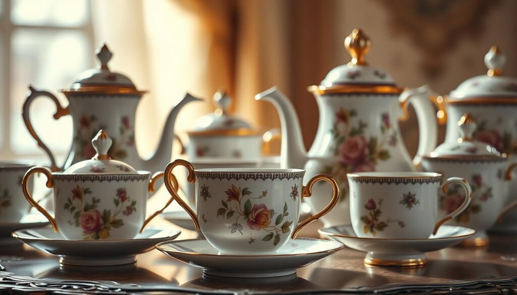 A meticulously crafted collection of elegant antique tea sets, featuring intricate floral designs and delicate patterns adorning the fine porcelain surfaces. The sets are arranged in a visually captivating still-life composition, bathed in soft, warm lighting that accentuates the timeless beauty and refined craftsmanship. The mid-ground showcases the graceful curves and ornate decorative elements, while the background subtly fades into a hazy, vintage-inspired ambiance, evoking a sense of timeless elegance. A meticulously crafted collection of elegant antique tea sets, featuring intricate floral designs and delicate patterns adorning the fine porcelain surfaces. The sets are arranged in a visually captivating still-life composition, bathed in soft, warm lighting that accentuates the timeless beauty and refined craftsmanship. The mid-ground showcases the graceful curves and ornate decorative elements, while the background subtly fades into a hazy, vintage-inspired ambiance, evoking a sense of timeless elegance.