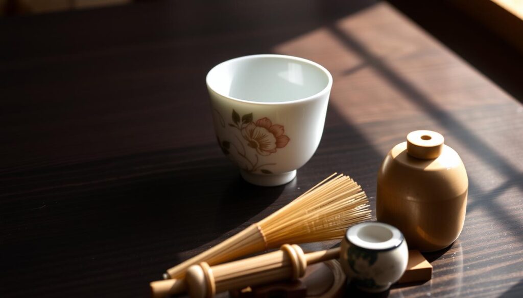 A neatly arranged still life featuring a delicate Japanese tea cup with a serene floral motif, resting on a dark wooden surface. The cup is illuminated by soft, natural lighting, casting gentle shadows that accentuate its elegant form and intricate details. In the foreground, a set of traditional tea ceremony tools, such as a bamboo whisk and a ceramic tea caddy, are carefully placed, hinting at the proper care and maintenance required for these treasured objects. The background is subtly blurred, allowing the tea cup to be the focal point, radiating a sense of tranquility and reverence for the Japanese tea drinking tradition. A neatly arranged still life featuring a delicate Japanese tea cup with a serene floral motif, resting on a dark wooden surface. The cup is illuminated by soft, natural lighting, casting gentle shadows that accentuate its elegant form and intricate details. In the foreground, a set of traditional tea ceremony tools, such as a bamboo whisk and a ceramic tea caddy, are carefully placed, hinting at the proper care and maintenance required for these treasured objects. The background is subtly blurred, allowing the tea cup to be the focal point, radiating a sense of tranquility and reverence for the Japanese tea drinking tradition.