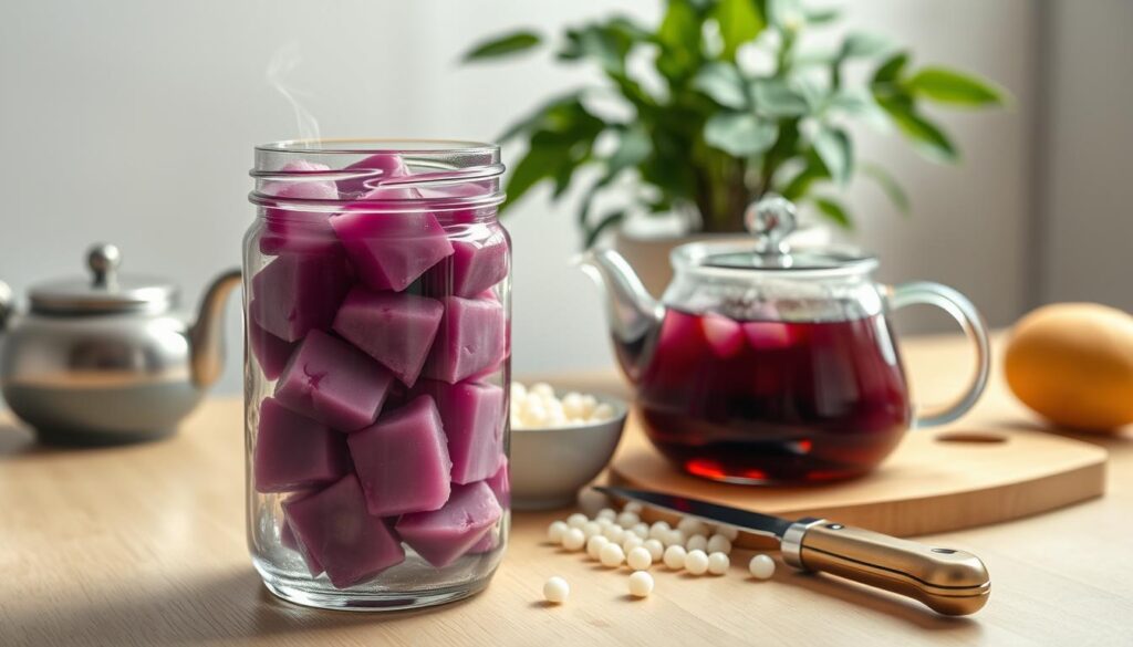 A neatly arranged table showcases the preparation of homemade taro bubble tea. In the foreground, a glass jar contains fresh taro cubes, their vibrant purple hue contrasting against the transparent container. Nearby, a teapot emits wisps of steam, signaling the brewing of aromatic taro tea. Delicate boba pearls sit in a small bowl, ready to be added to the mixture. The middle ground features a cutting board with a sharp knife, hinting at the careful slicing of the taro roots. In the background, a lush potted plant adds a touch of nature, while soft, diffused lighting creates a warm, inviting atmosphere, perfect for capturing the homemade charm of this unique beverage. A neatly arranged table showcases the preparation of homemade taro bubble tea. In the foreground, a glass jar contains fresh taro cubes, their vibrant purple hue contrasting against the transparent container. Nearby, a teapot emits wisps of steam, signaling the brewing of aromatic taro tea. Delicate boba pearls sit in a small bowl, ready to be added to the mixture. The middle ground features a cutting board with a sharp knife, hinting at the careful slicing of the taro roots. In the background, a lush potted plant adds a touch of nature, while soft, diffused lighting creates a warm, inviting atmosphere, perfect for capturing the homemade charm of this unique beverage.