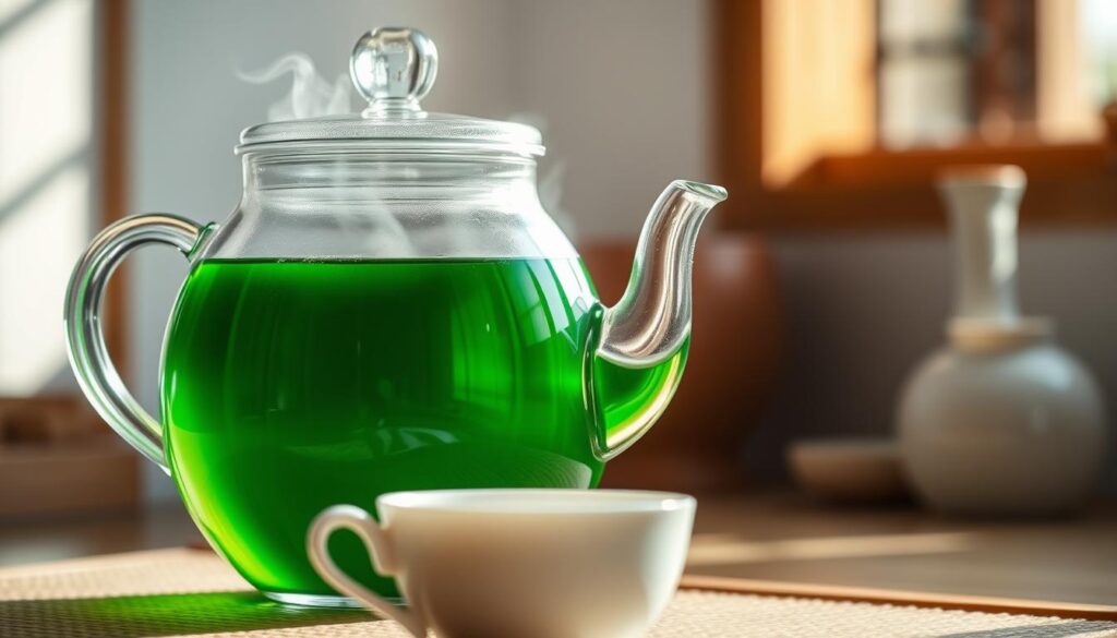 A pristine glass teapot filled with steaming, emerald-hued green tea, its fragrant aroma wafting through the air. Soft, natural lighting illuminates the scene, creating a serene and calming atmosphere. In the foreground, a delicate, white ceramic tea cup awaits, its simple elegance complementing the elegant presentation. The background features a minimalist, Japanese-inspired setting, with hints of natural wood and clean, uncluttered lines. The overall composition evokes a sense of tranquility and the careful attention to detail associated with the traditional art of tea brewing. A pristine glass teapot filled with steaming, emerald-hued green tea, its fragrant aroma wafting through the air. Soft, natural lighting illuminates the scene, creating a serene and calming atmosphere. In the foreground, a delicate, white ceramic tea cup awaits, its simple elegance complementing the elegant presentation. The background features a minimalist, Japanese-inspired setting, with hints of natural wood and clean, uncluttered lines. The overall composition evokes a sense of tranquility and the careful attention to detail associated with the traditional art of tea brewing.