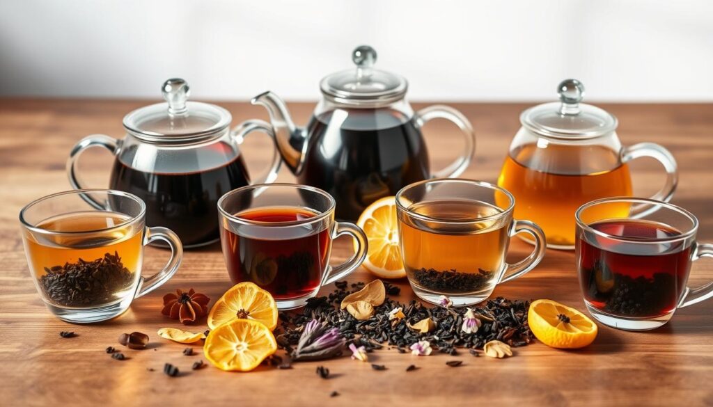 A selection of elegant Earl Grey tea varieties, arranged on a wooden table with a soft, warm lighting. The foreground features several glass teapots and cups, each containing a different shade of the signature bergamot-infused black tea. The middle ground showcases carefully selected tea leaves, dried citrus peels, and subtle floral accents, hinting at the nuanced flavors. In the background, a soothing, minimalist backdrop emphasizes the natural beauty and complexity of these unique Earl Grey blends. The overall scene evokes a sense of refined sophistication and invites the viewer to explore the diverse world of this iconic tea. A selection of elegant Earl Grey tea varieties, arranged on a wooden table with a soft, warm lighting. The foreground features several glass teapots and cups, each containing a different shade of the signature bergamot-infused black tea. The middle ground showcases carefully selected tea leaves, dried citrus peels, and subtle floral accents, hinting at the nuanced flavors. In the background, a soothing, minimalist backdrop emphasizes the natural beauty and complexity of these unique Earl Grey blends. The overall scene evokes a sense of refined sophistication and invites the viewer to explore the diverse world of this iconic tea.