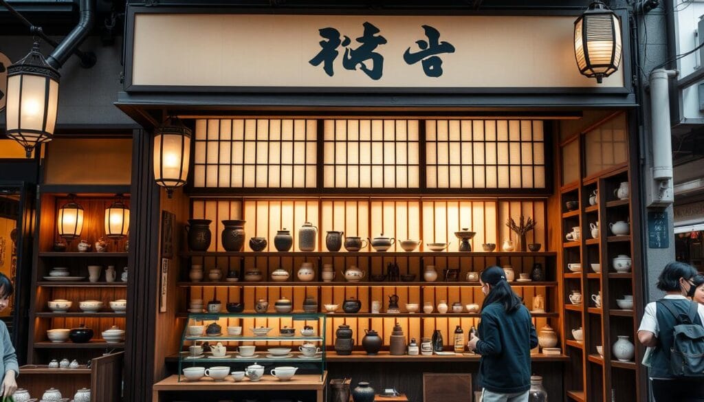 A serene Japanese tea shop nestled in a bustling urban landscape, its facade adorned with elegant lanterns and traditional architectural elements. The interior showcases an exquisite display of handcrafted tea sets, each piece a work of art, arranged on wooden shelves against a backdrop of warm, muted tones. Soft natural lighting filters through shoji screens, creating a calming ambiance. Customers peruse the selection, captivated by the timeless beauty and craftsmanship of the tea wares. The scene evokes a sense of refined simplicity and mindful tranquility, inviting visitors to immerse themselves in the Japanese tea ceremony tradition. A serene Japanese tea shop nestled in a bustling urban landscape, its facade adorned with elegant lanterns and traditional architectural elements. The interior showcases an exquisite display of handcrafted tea sets, each piece a work of art, arranged on wooden shelves against a backdrop of warm, muted tones. Soft natural lighting filters through shoji screens, creating a calming ambiance. Customers peruse the selection, captivated by the timeless beauty and craftsmanship of the tea wares. The scene evokes a sense of refined simplicity and mindful tranquility, inviting visitors to immerse themselves in the Japanese tea ceremony tradition.