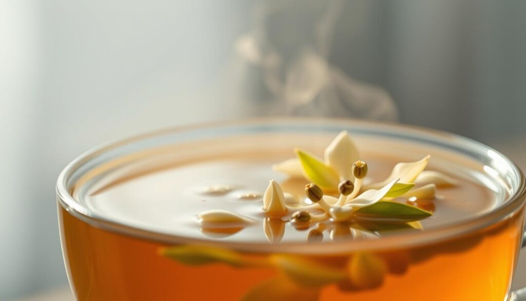 A serene, close-up view of a freshly brewed cup of white peony tea, the delicate leaves and buds gracefully unfurling in the steaming liquid. Soft, diffused lighting casts a warm, calming glow, hinting at the subtle caffeine-induced effects to come. The tea's surface reflects the tranquil scene, a visual metaphor for the balanced, uplifting energy the tea will impart. The background fades into a serene, muted palette, drawing the viewer's focus to the tea's captivating central presence. Crisp, high-resolution detail captures the tea's nuanced textures and the interplay of light and shadow, inviting the viewer to pause, inhale the fragrant steam, and savor the moment.