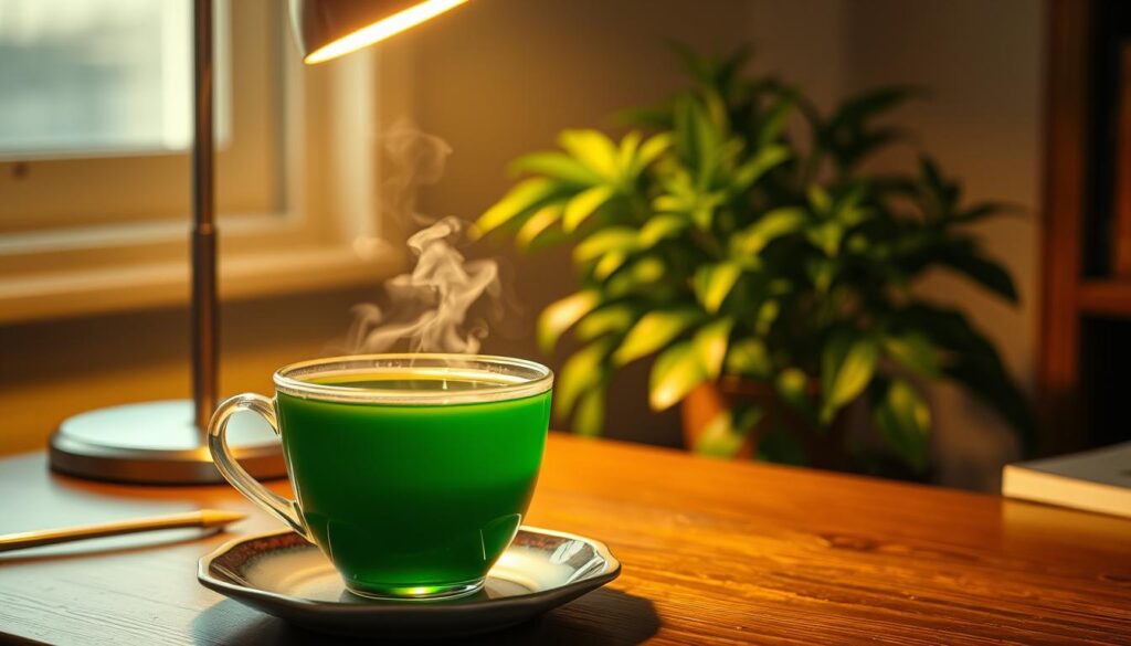 A serene, dimly lit study with a steaming cup of decaf green tea placed on a wooden table. The warm glow of a desk lamp illuminates the scene, casting a soft light that enhances the vibrant, emerald hue of the tea. In the background, a lush, verdant plant occupies a corner, symbolizing the natural, rejuvenating qualities of the beverage. The atmosphere is one of tranquility and mental focus, inviting the viewer to pause and reflect. A sense of clarity and concentration permeates the image, capturing the restorative effects of decaf green tea on the mind. A serene, dimly lit study with a steaming cup of decaf green tea placed on a wooden table. The warm glow of a desk lamp illuminates the scene, casting a soft light that enhances the vibrant, emerald hue of the tea. In the background, a lush, verdant plant occupies a corner, symbolizing the natural, rejuvenating qualities of the beverage. The atmosphere is one of tranquility and mental focus, inviting the viewer to pause and reflect. A sense of clarity and concentration permeates the image, capturing the restorative effects of decaf green tea on the mind.